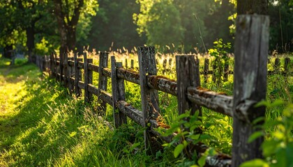 A serene rural landscape with a weathered wooden fence