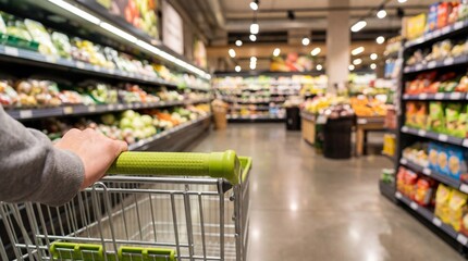 Supermarket grocery shopping cart aisle food retail consumer market store produce vegetable fruit shelf customer choice
