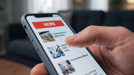 Smartphone news hand finger screen reading man mobile app online article headline internet digital technology touch closeup