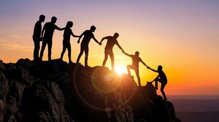 Fototapeta premium Teamwork support help success mountain sunset group working together rocky mountain, helping each other reach summit with