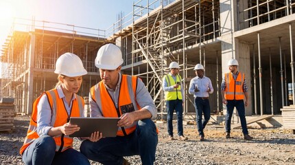 Construction worker engineer architect tablet blueprint teamwork safety hardhat scaffold building site Confident construction
