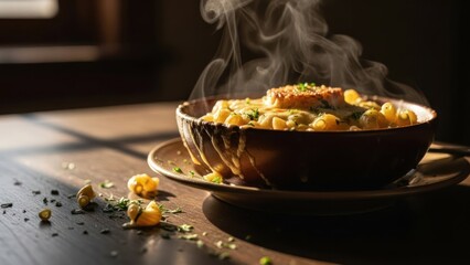 Steaming Bowl of Pasta with Peas and Herbs on a Wooden Table.