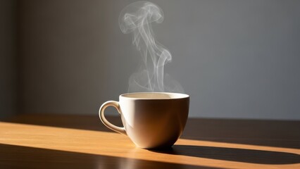 Steaming Hot Coffee Cup on Wooden Table with Sunlight.