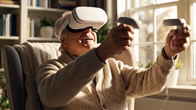 Elderly man playing virtual reality game at home with controllers