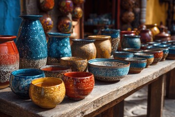 Handmade pottery displays colorful designs in a vibrant market showcasing artisans' skills in crafting unique pieces