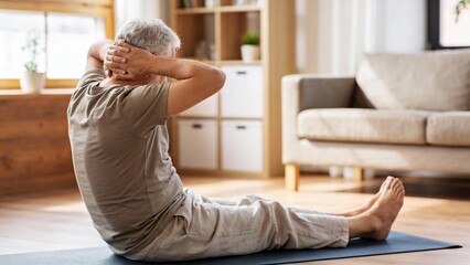 Elderly man stretching and exercising at home on yoga mat  