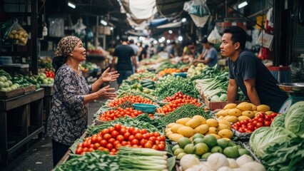 Vibrant Market Scene with Vendors and Fresh Produce.
