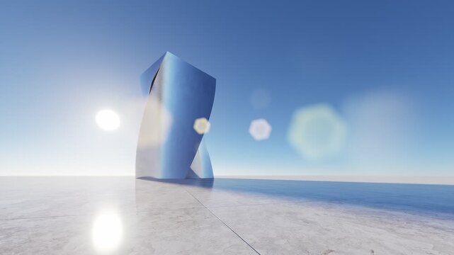 Abstract futuristic architectural structure with smooth curves, reflective surfaces, and minimal design in a blue sky environment, modern concept background, 3D rendering