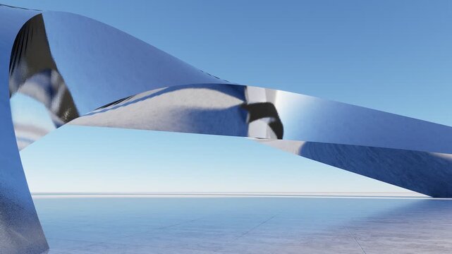 Abstract futuristic architectural structure with smooth curves, reflective surfaces, and minimal design in a blue sky environment, modern concept background, 3D rendering