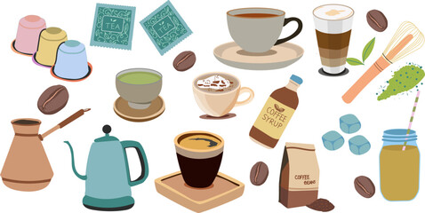 Flat pastel vector set of coffee and tea elements &mdash; cups, beans, kettle, syrups, matcha, capsules and accessories for cafe designs, menus, stickers, and social media.
