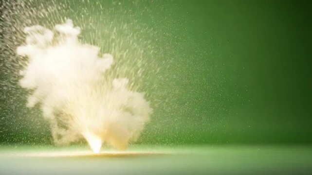 Explosion of Elements: A dynamic moment captured with a burst of energy, with a brilliant flame and a cloud of particles creating a visual spectacle.
