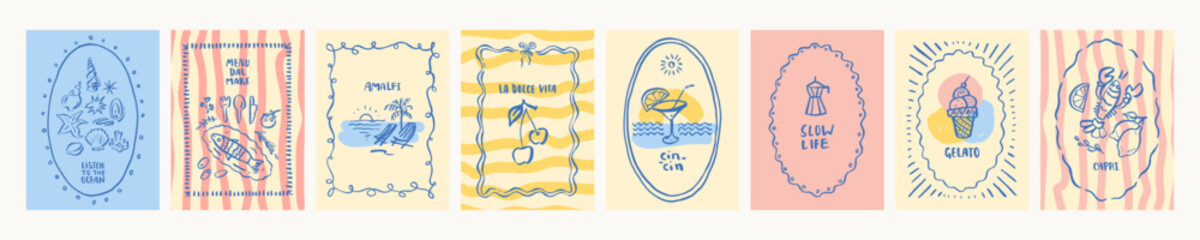 Italian summer vacation prints. Sea beach Amalfi coast poster wall art. Coastal Italy ice-cream, cherry and bow print set. Vintage palm ocean illustrations. Naive lemons and fish icon doodle sketches © babayuka