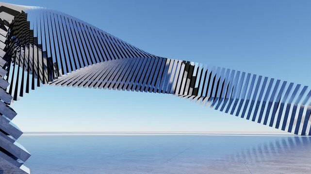 Abstract futuristic architectural structure with smooth curves, reflective surfaces, and minimal design in a blue sky environment, modern concept background, 3D rendering