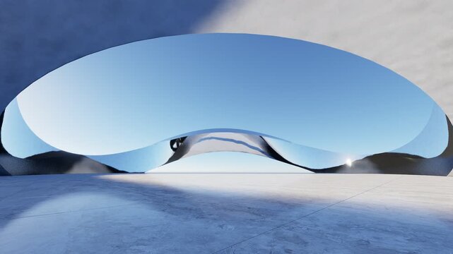 Abstract futuristic architectural structure with smooth curves, reflective surfaces, and minimal design in a blue sky environment, modern concept background, 3D rendering