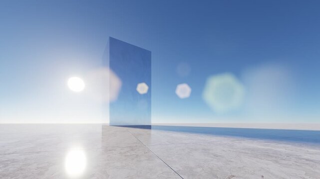 Abstract futuristic architectural structure with smooth curves, reflective surfaces, and minimal design in a blue sky environment, modern concept background, 3D rendering