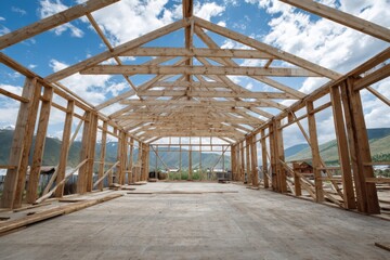 Wooden house interior frame under construction in a beautiful mountainous area with clear blue sky and fluffy clouds