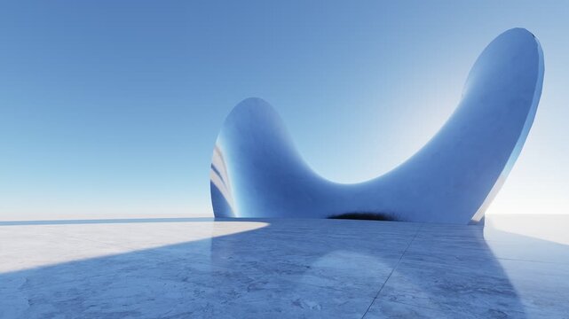 Abstract futuristic architectural structure with smooth curves, reflective surfaces, and minimal design in a blue sky environment, modern concept background, 3D rendering
