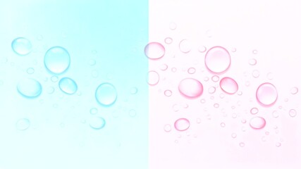 Realistic transparent water drops on a split blue and pink pastel background. High-quality abstract vector style for skincare, cosmetics, and fresh design SEO. #WaterDrops #FreshDesign #Aesthetic