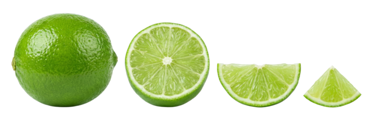 Whole lime, half cut, wedge, and slice on white background
