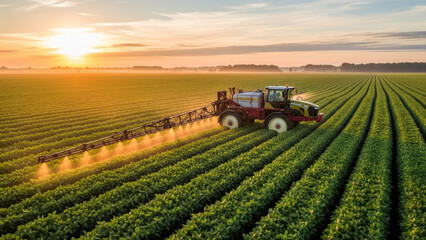 Fototapeta premium Tractor spraying crops in a vast green field at sunset 1.