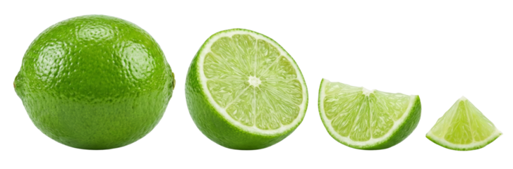 Fresh Lime Fruit Whole, Halved and Sliced on White Background