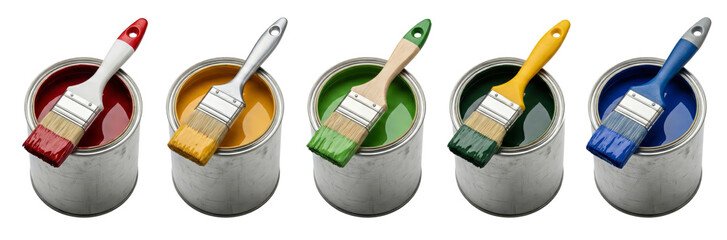 Five Paint Cans with Brushes in Red, Yellow, Green, Teal, and Blue Colors
