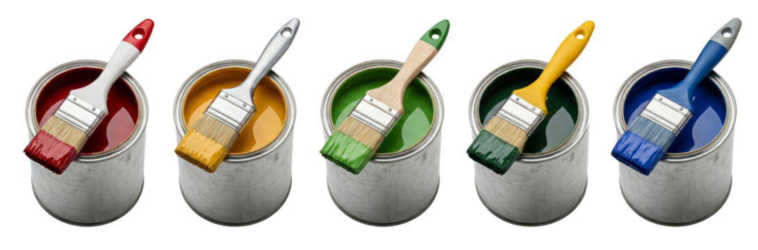 Five Paint Cans with Brushes in Red, Yellow, Green, Teal, and Blue Colors - Powered by Adobe