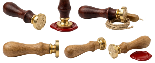 Vintage Wax Seal Stamp Set: Wooden Handles, Brass Heads, Red Wax Seals