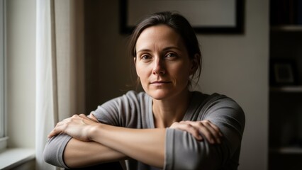 Woman sitting by window with arms crossed looking at camera.