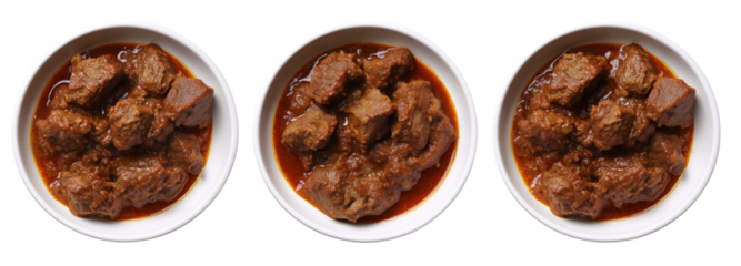 Top View of Savory Beef Curry in White Bowls on Transparent Background