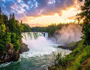 A serene waterfall cascades into a river surrounded by lush greenery at sunset
