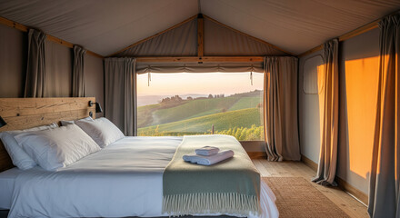 Rustic glamping tent interior with bed overlooking green vineyard hills. Sunset landscape view through open canvas window © Segnaless