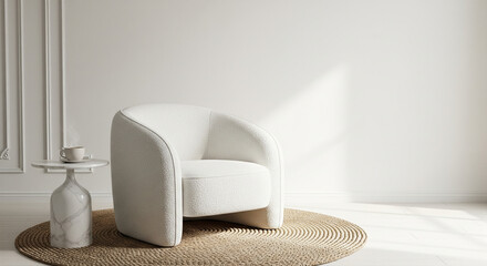 Minimalist white interior with textured boucle armchair and marble side table. Modern living room corner with round jute rug.