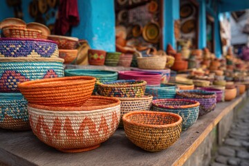 Colorful handmade baskets displayed at a local market in a vibrant community, showcasing traditional craftsmanship and unique designs
