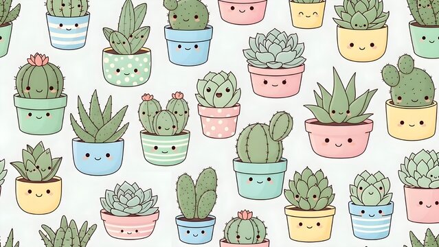 A cute and repeating pattern wallpaper of various potted succulents and cacti in pastel pots, kawaii style, adorable