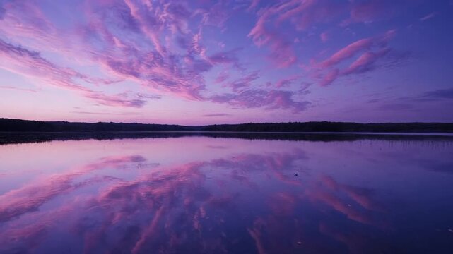 Serene lake at sunset with pink and purple clouds reflecting on calm water in a natural landscape