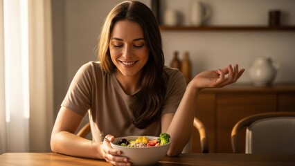 Young Woman Enjoying a Healthy Salad Meal at Home.