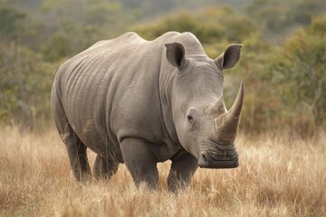 Fototapeta premium White rhinoceros walking through grassland in natural habitat during daylight hours showcasing its distinct features and strong physique