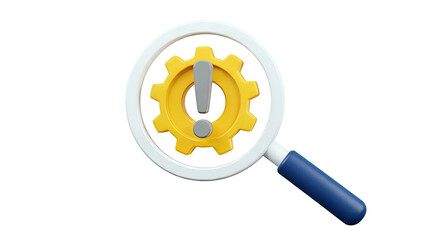 Magnifying Glass Over Gear and Exclamation Mark