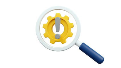 Magnifying Glass Over Gear and Exclamation Mark