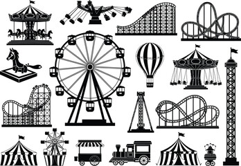 Naklejka premium Detailed black silhouette collection of theme park rides and carnival structures featuring rollercoasters and a giant ferris wheel