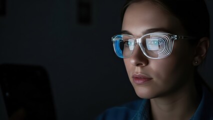 Young woman wearing glasses reflecting computer screen light working late at night.