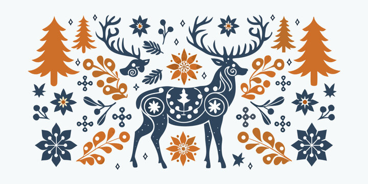 a deer with floral patterns and trees in a decorative design