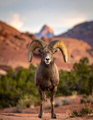 Fototapeta premium Majestic bighorn ram stands proudly against a desert landscape with mountains in the background