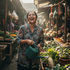 Happy Southeast Asian woman watering plants at vibrant outdoor market with fresh produce