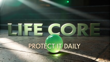 Life Core Concept with Green Sphere Emphasizing Daily Protection and Growth in a Dimly Lit Environment