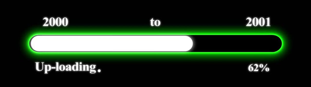 New year 2001 Up-loading bar animation, Up-loading bar from 2000 to 2001 new year transfer animation. Almost reaching New Year on black background. Welcoming the happy new year 2001. Alpha channel.