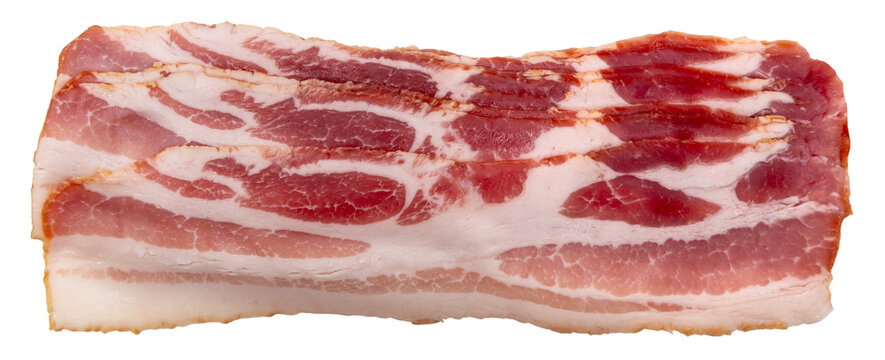 A cross-section of raw bacon on a white background. Jerky bacon isolate.