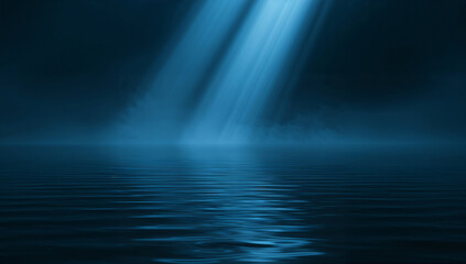 Mysterious blue light beams shining down onto rippling water surface