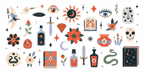 whimsical mystical objects and symbols in orange black and white hues